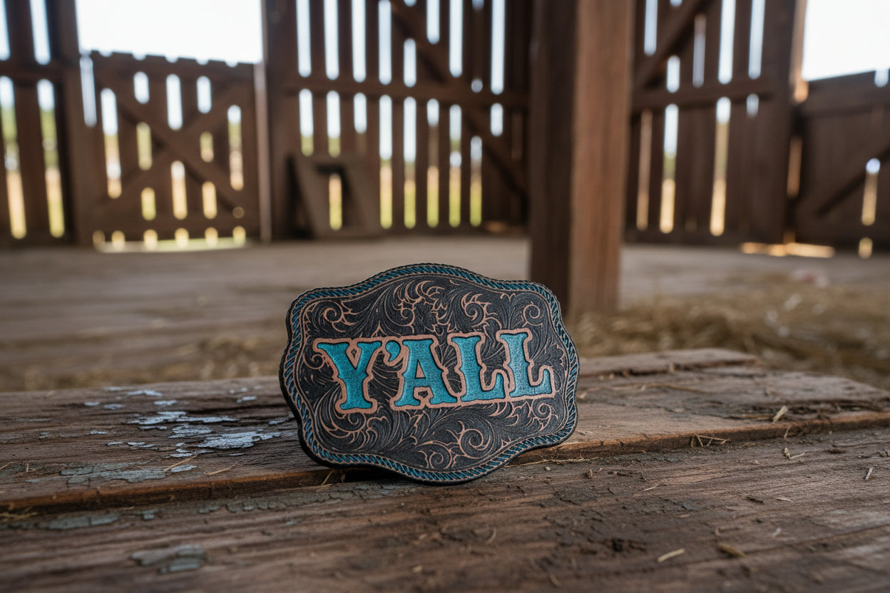 Custom hat with engraved acrylic patch in copper, black, and turquoise, personalized branded headwear by Blackwood Customs Co.