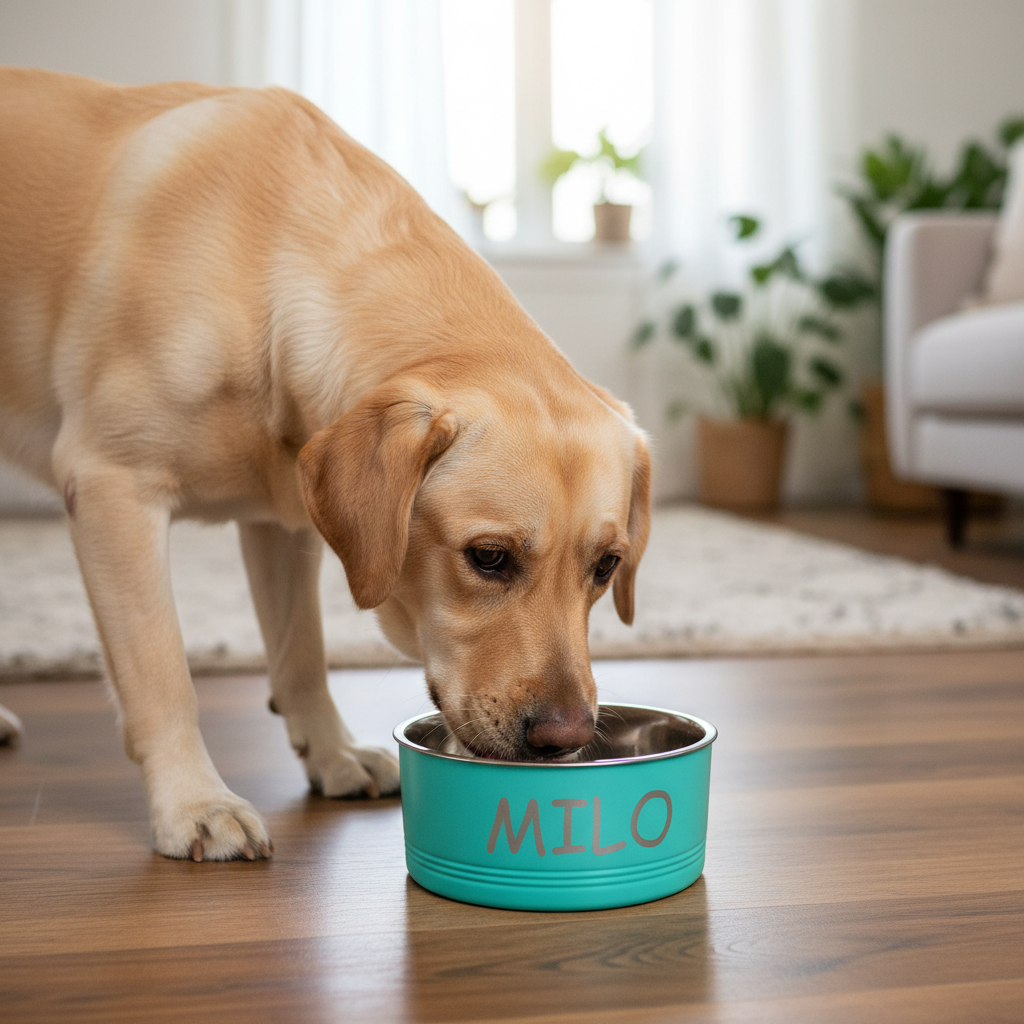 Personalized stainless steel pet bowl engraved with dog and cat names in multiple font styles, custom pet gift for dogs and cats