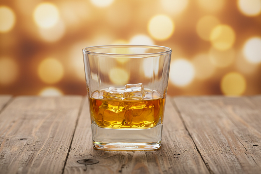 11oz rocks glass with whiskey and ice cubes on wooden table with warm background