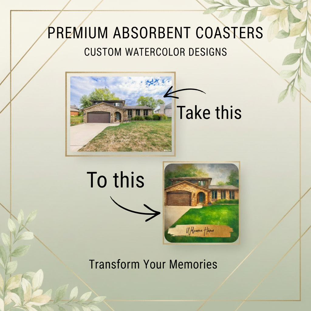 Example of house photo turned into watercolor illustration for personalized absorbent coasters closing or housewarming gift