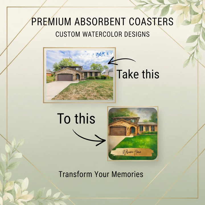 Example of house photo turned into watercolor illustration for personalized absorbent coasters closing or housewarming gift