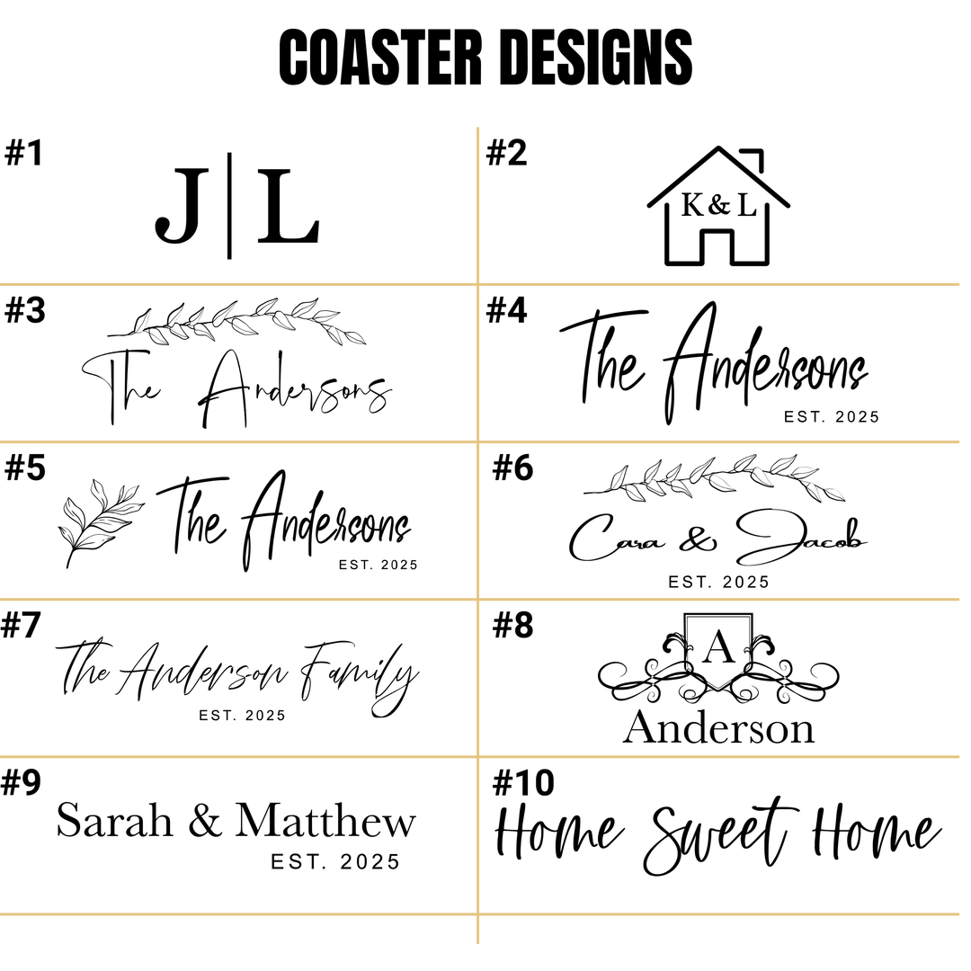 Collection of coaster designs with various monograms and text styles on a white background.