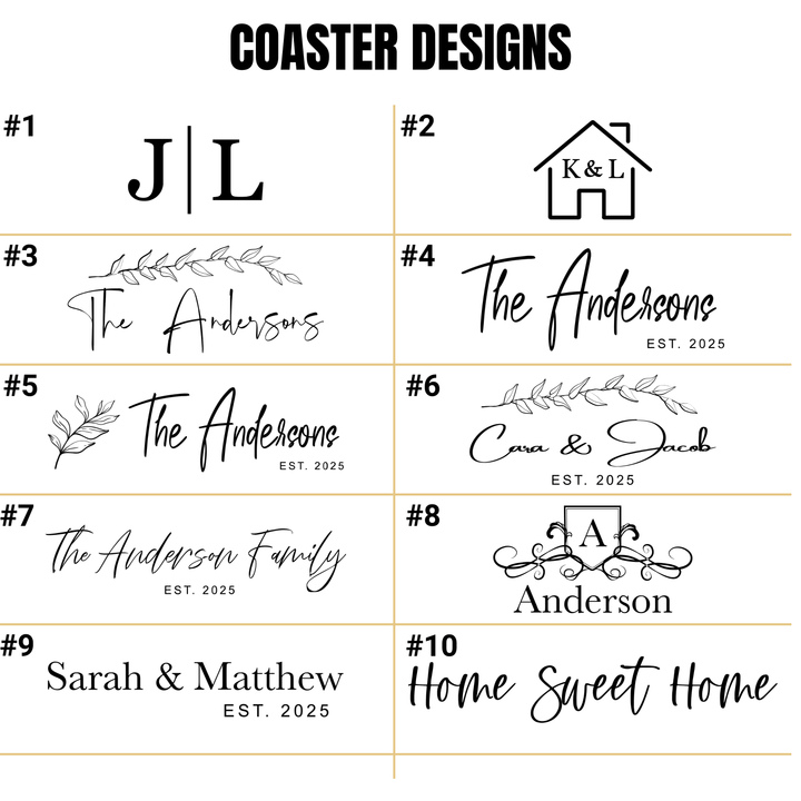Collection of coaster designs with various monograms and text styles on a white background.