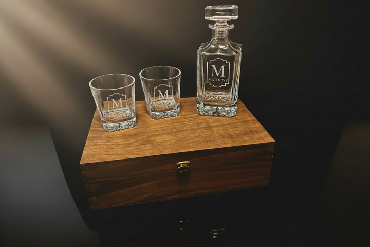 CUSTOM DECANTER + ROCKS GLASSES + BOX