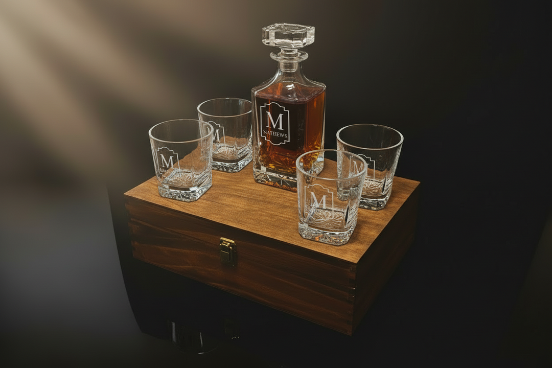 CUSTOM DECANTER + ROCKS GLASSES + BOX