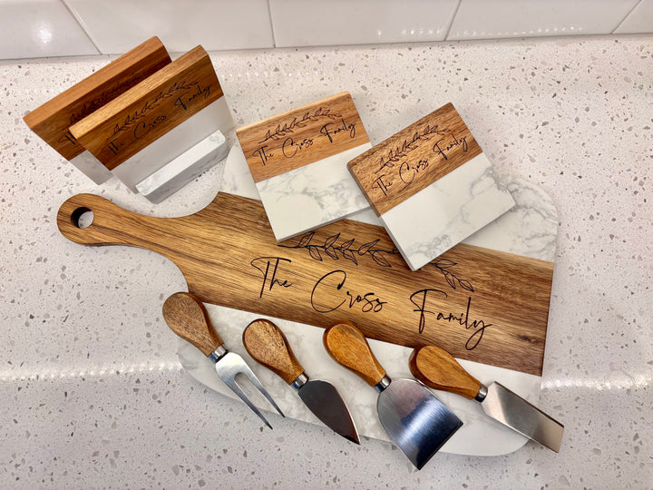 CUSTOM CLOSING GIFT BASKET | SIGNATURE PLUS MARBLE & ACACIA BOARD SET - WINE