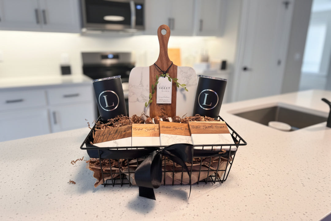 PERSONALIZED GIFT BASKET | SIGNATURE PLUS MARBLE & ACACIA BOARD SET