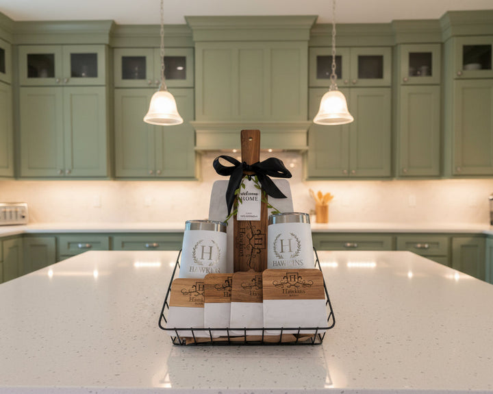 PERSONALIZED GIFT BASKET | SIGNATURE SET WITH MARBLE & ACACIA BOARD - WINE