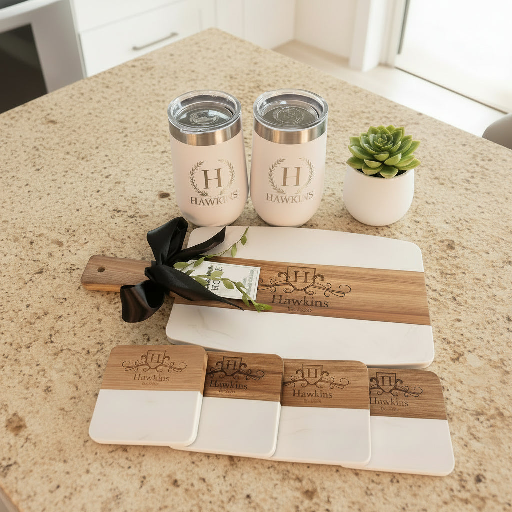 PERSONALIZED GIFT BASKET | SIGNATURE SET WITH MARBLE & ACACIA BOARD - WINE