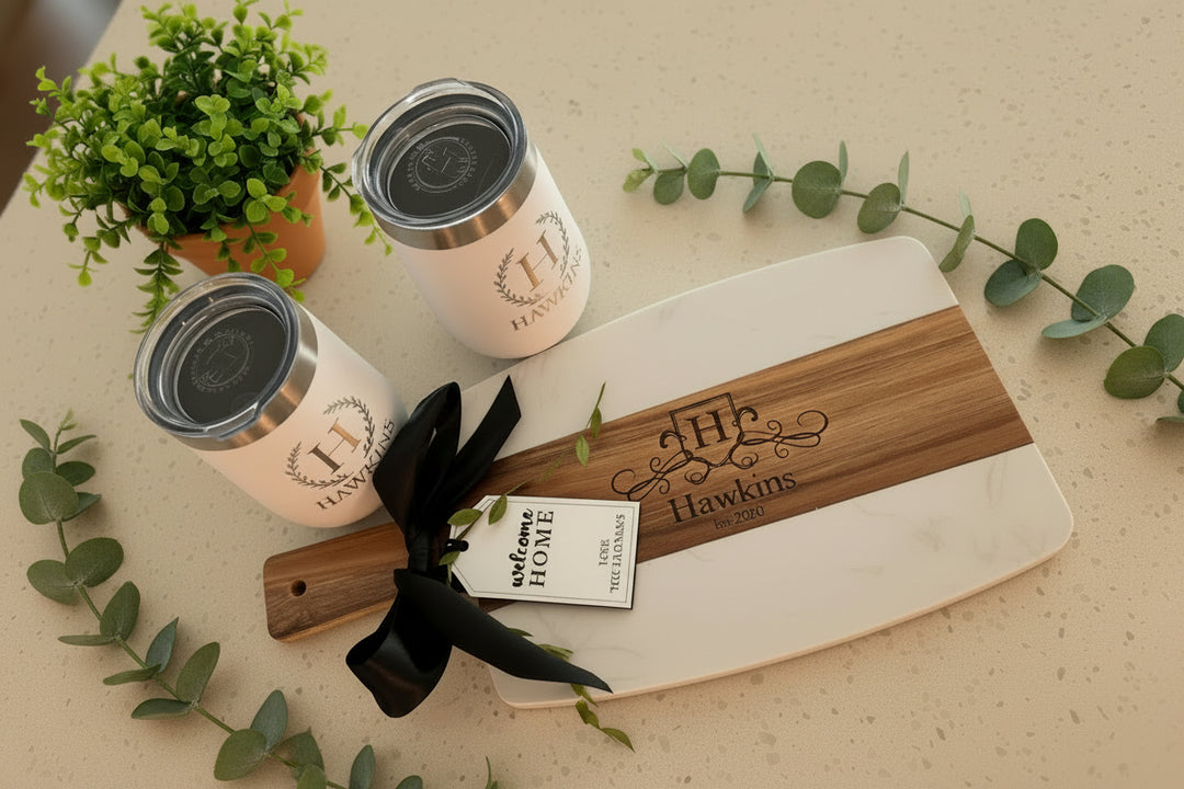 PERSONALIZED GIFT BASKET | SIGNATURE SET WITH MARBLE & ACACIA BOARD - WINE