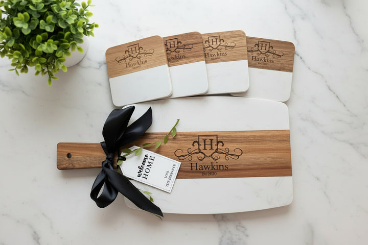 PERSONALIZED GIFT BASKET | SIGNATURE SET WITH MARBLE & ACACIA BOARD - WINE