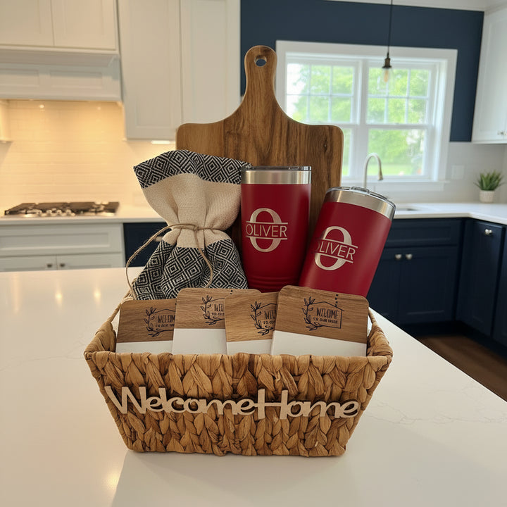 CUSTOM CLOSING GIFT | ESTATE BASKET WITH ACACIA BOARD & TUMBLERS
