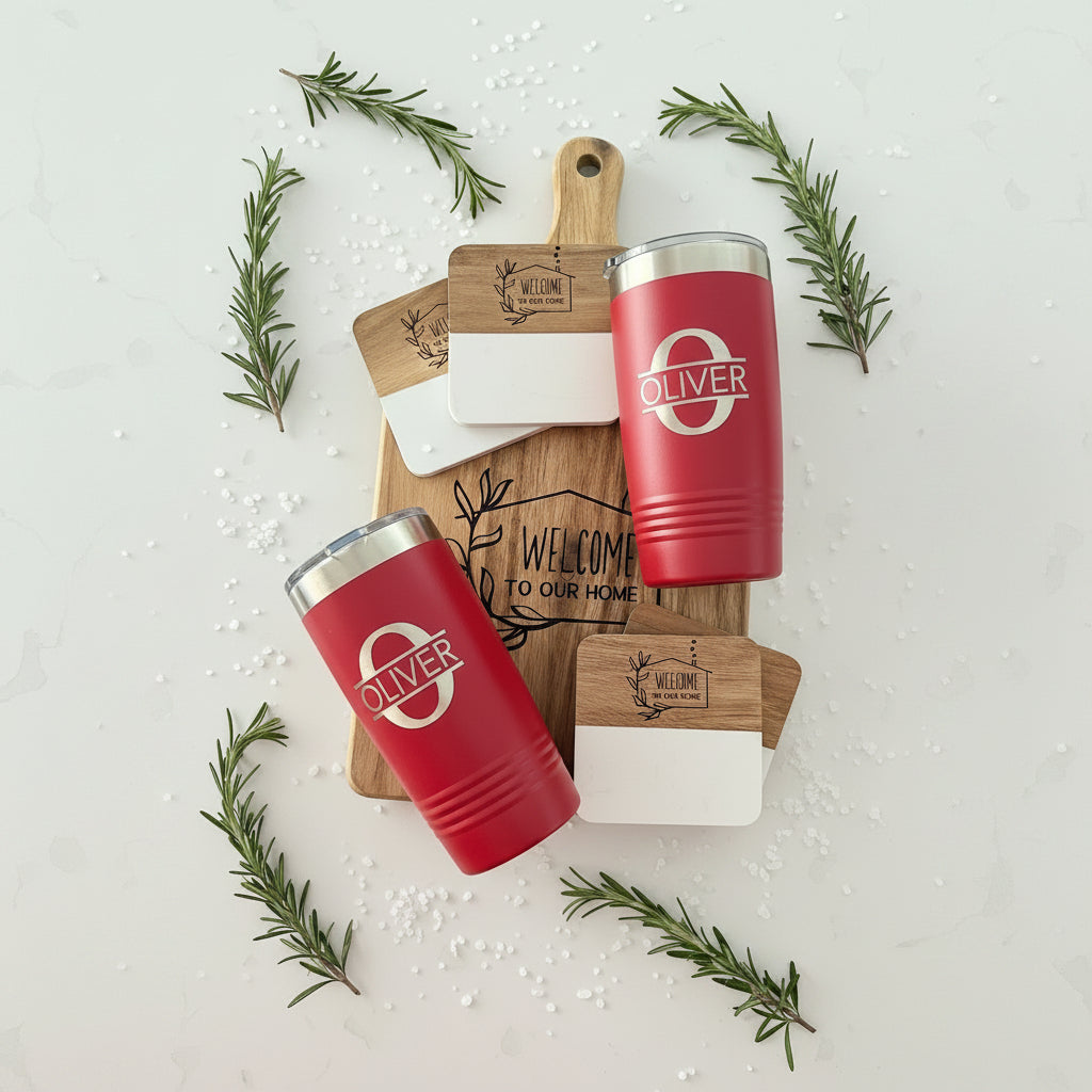 CUSTOM CLOSING GIFT | ESTATE BASKET WITH ACACIA BOARD & TUMBLERS
