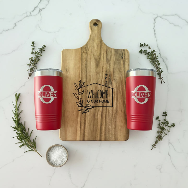 CUSTOM CLOSING GIFT | ESTATE BASKET WITH ACACIA BOARD & TUMBLERS