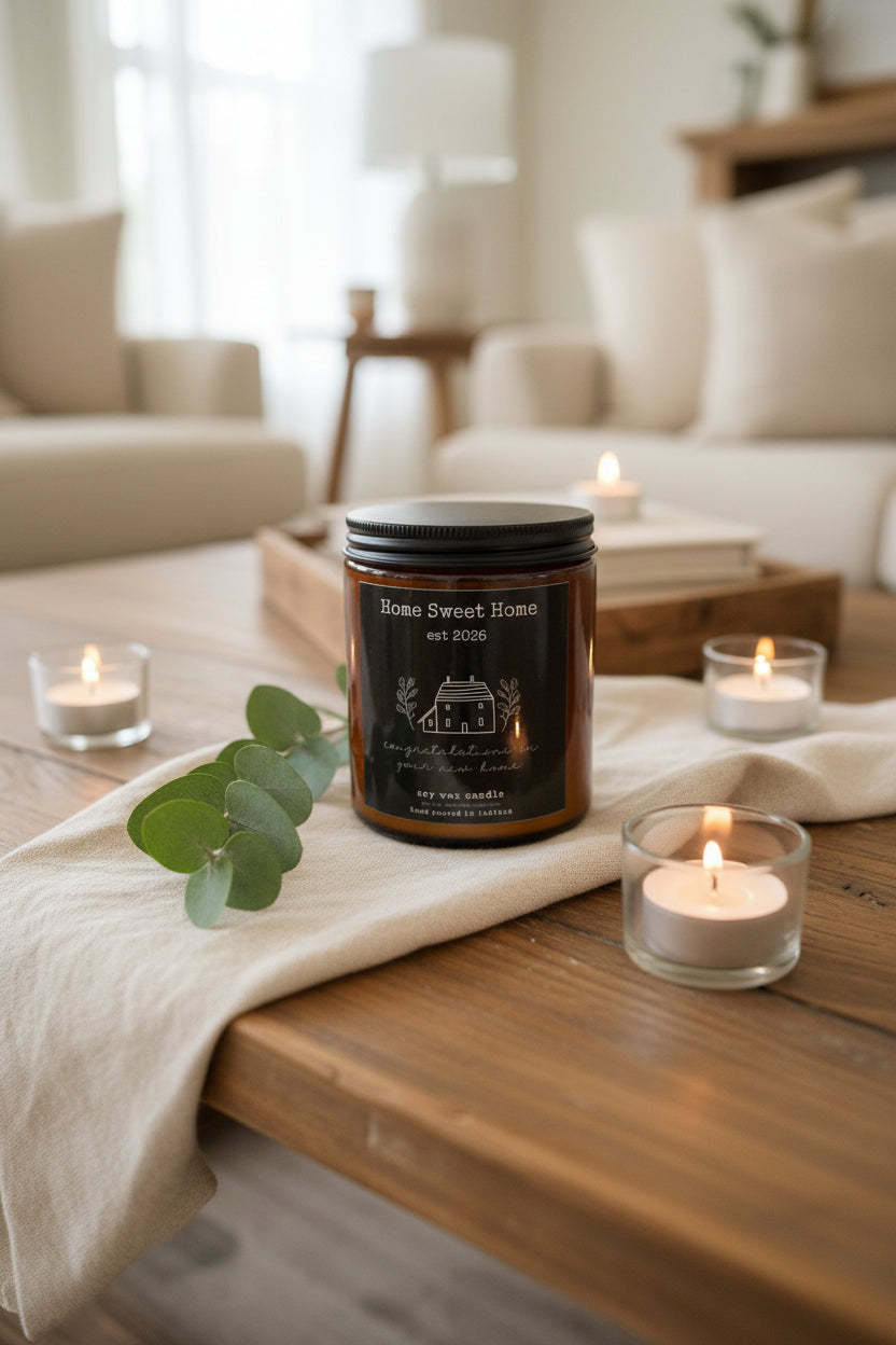 Soy Candle • New Homeowner Housewarming & Realtor Closing Gift • Wood Wick Amber Jar
