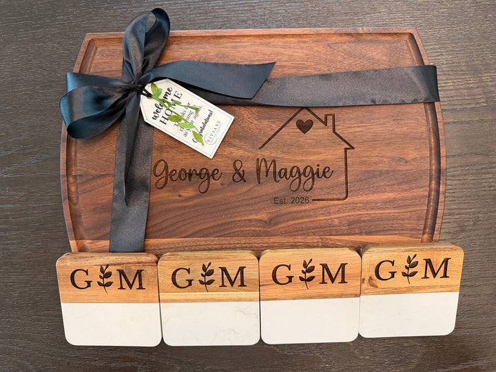 PERSONALIZED CLOSING GIFT SET | LARGE ARCHED CUTTING BOARD & COASTERS