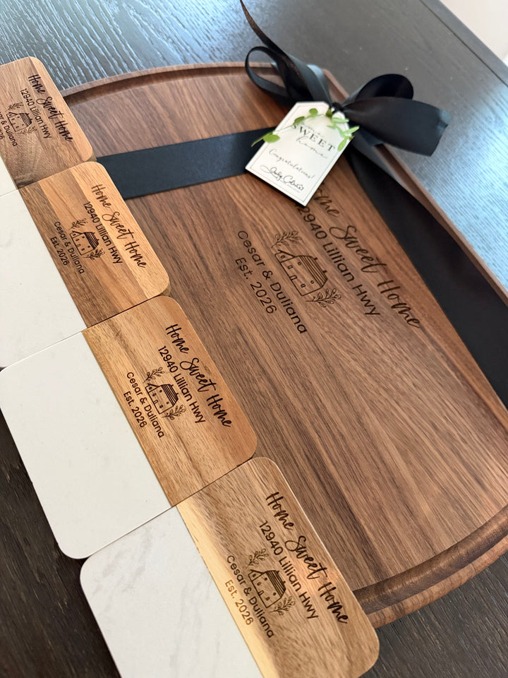 PERSONALIZED CLOSING GIFT SET | LARGE ARCHED CUTTING BOARD & COASTERS