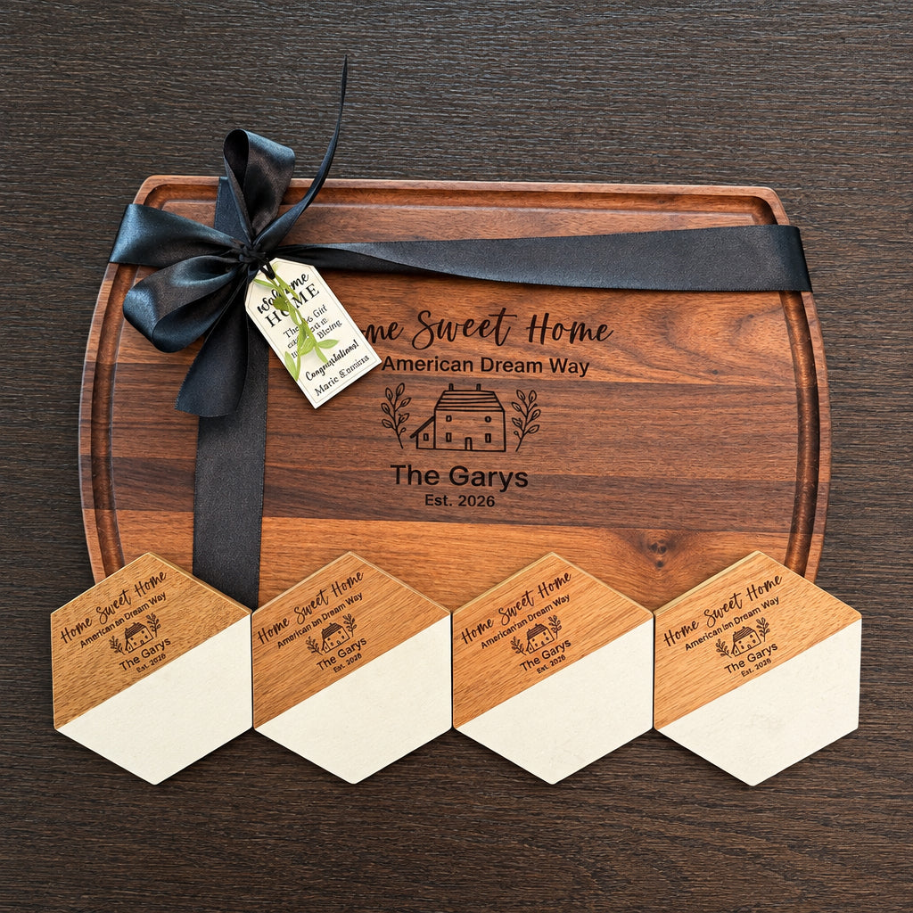 PERSONALIZED CLOSING GIFT SET | LARGE ARCHED CUTTING BOARD & COASTERS