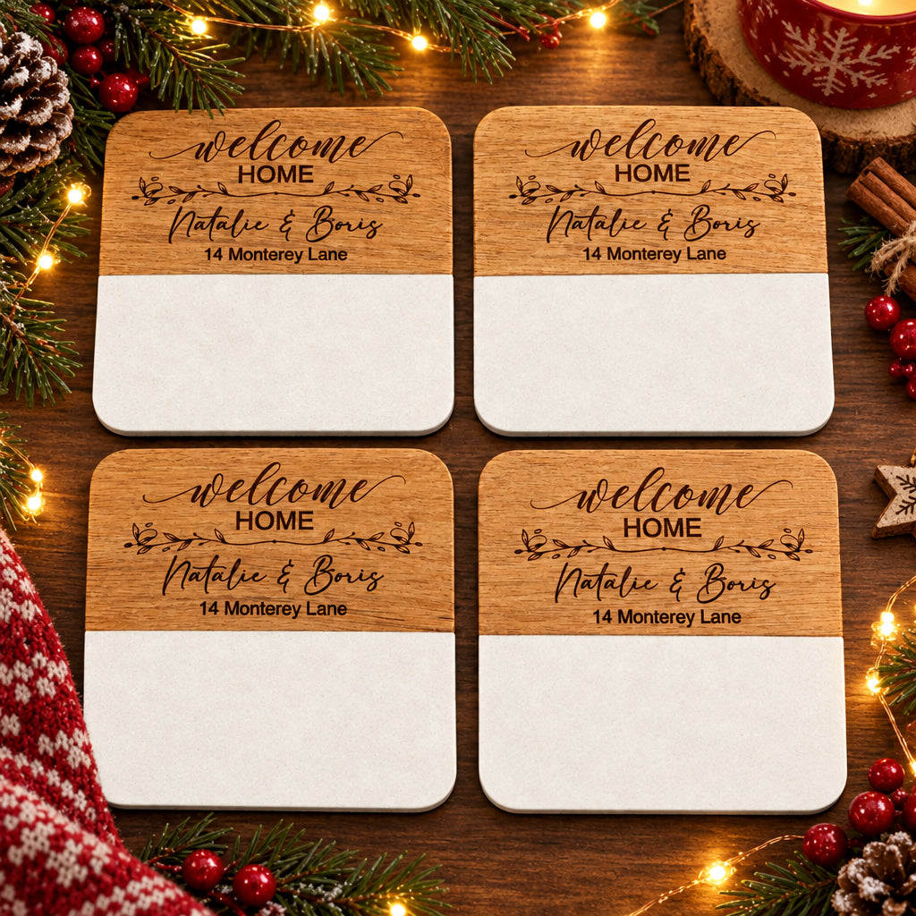 ENGRAVED MARBLE & ACACIA COASTERS | SET OF 4 | CLOSING & HOUSEWARMING GIFT