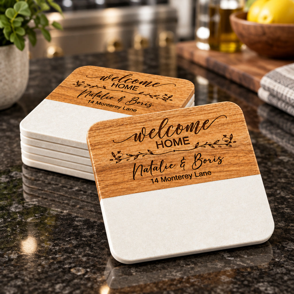 ENGRAVED MARBLE & ACACIA COASTERS | SET OF 4 | CLOSING & HOUSEWARMING GIFT