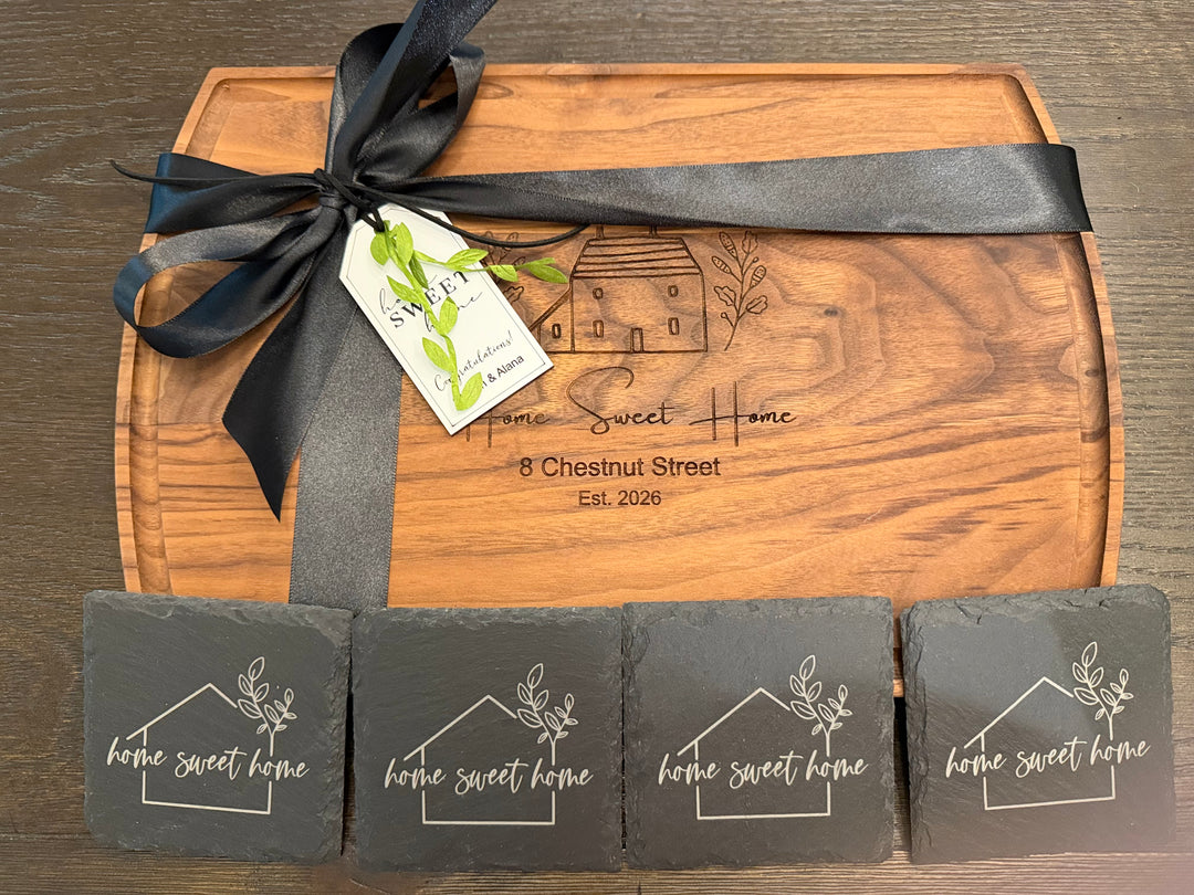 PERSONALIZED CLOSING GIFT SET | LARGE ARCHED CUTTING BOARD & COASTERS