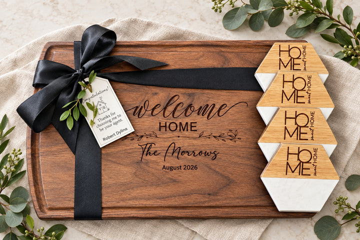 PERSONALIZED CLOSING GIFT SET | LARGE ARCHED CUTTING BOARD & COASTERS