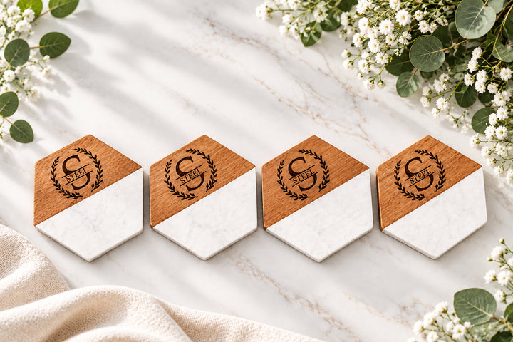 ENGRAVED MARBLE & ACACIA COASTERS | SET OF 4 | CLOSING & HOUSEWARMING GIFT