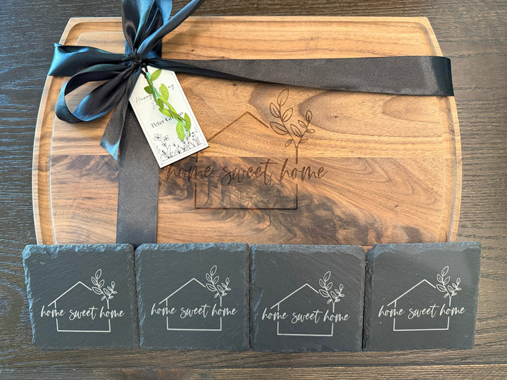 PERSONALIZED CLOSING GIFT SET | LARGE ARCHED CUTTING BOARD & COASTERS