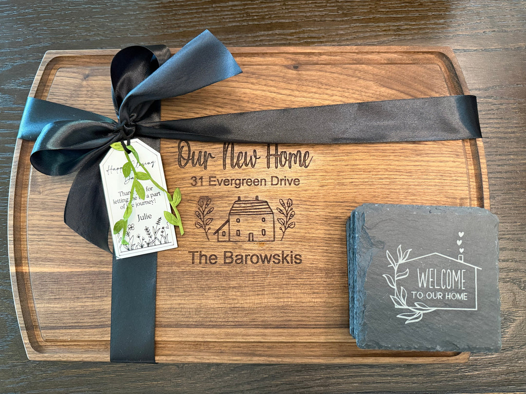 PERSONALIZED CLOSING GIFT SET | LARGE ARCHED CUTTING BOARD & COASTERS