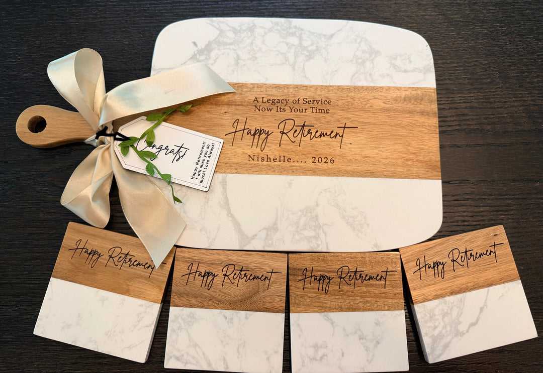 PERSONALIZED GIFT BASKET | SIGNATURE PLUS MARBLE &amp; ACACIA BOARD SET