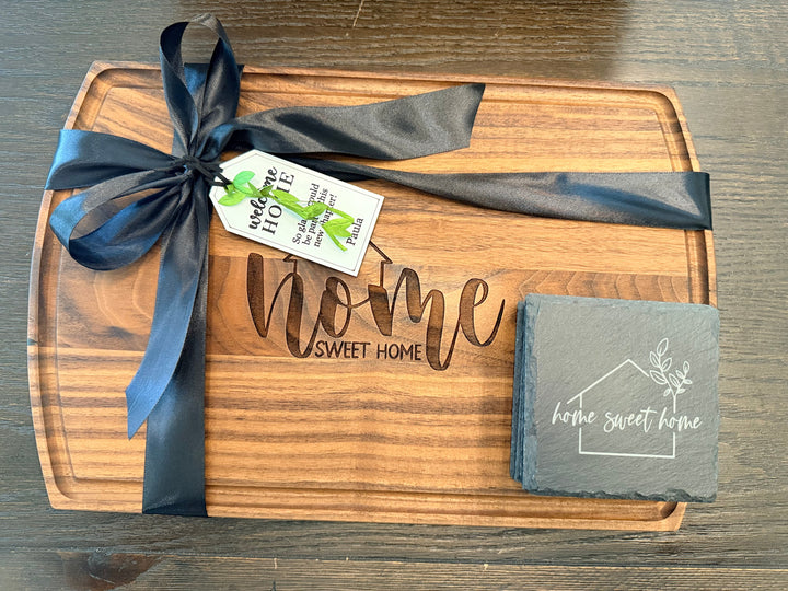 PERSONALIZED CLOSING GIFT SET | LARGE ARCHED CUTTING BOARD & COASTERS