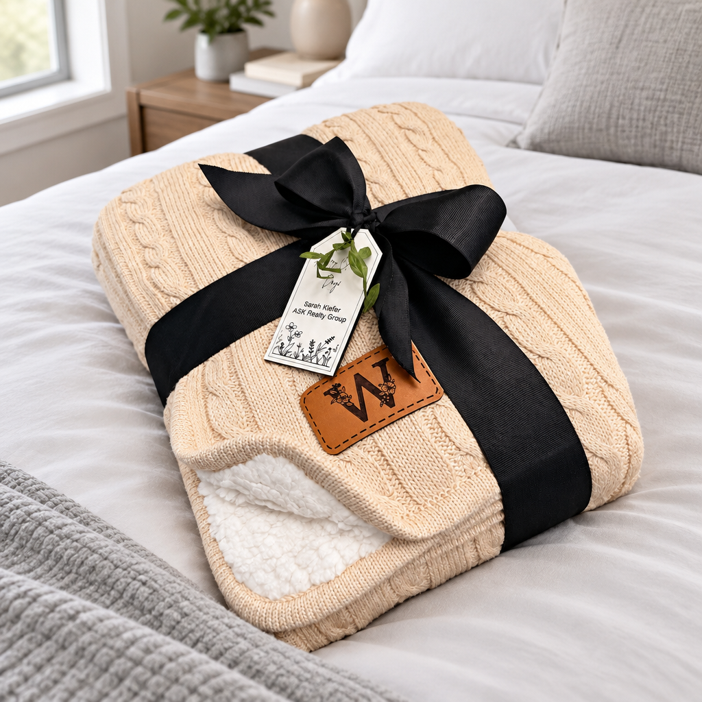 Custom Logo Blanket, Personalized Cable Knit Corporate Gift, Company Logo Blanket, Client &amp; Employee Gift, Bulk Branded Business Gift