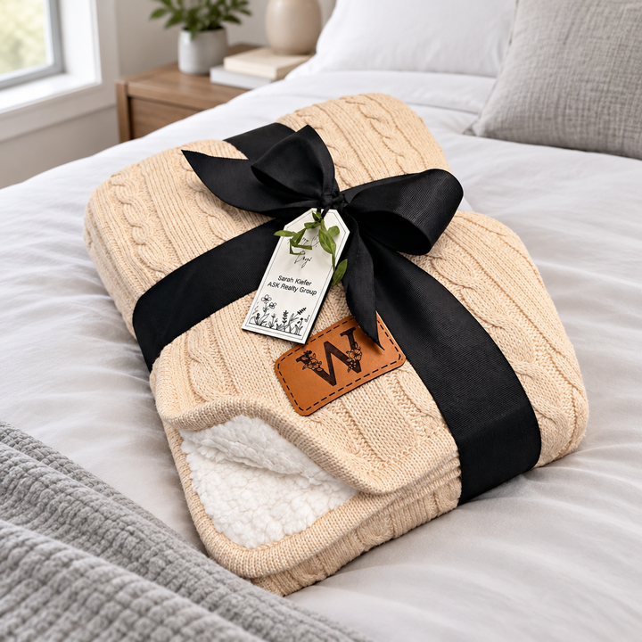 Custom Logo Blanket, Personalized Cable Knit Corporate Gift, Company Logo Blanket, Client &amp; Employee Gift, Bulk Branded Business Gift