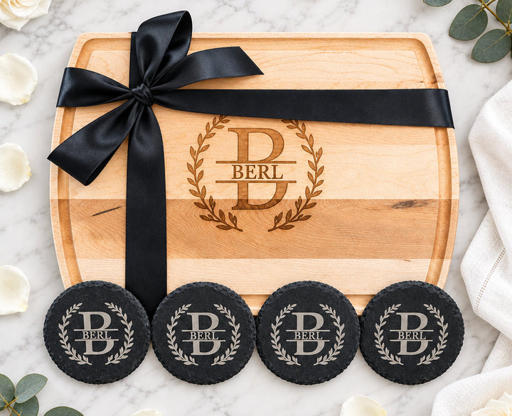 PERSONALIZED CLOSING GIFT SET | LARGE ARCHED CUTTING BOARD & COASTERS