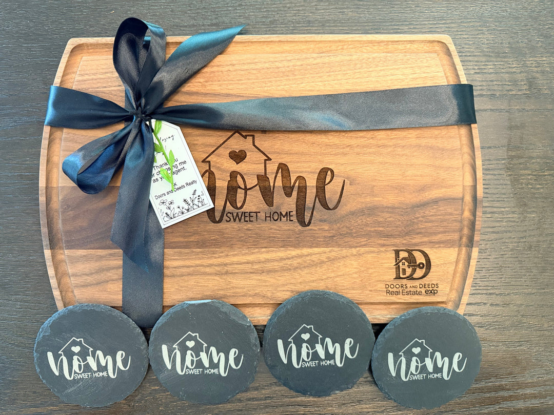 PERSONALIZED CLOSING GIFT SET | LARGE ARCHED CUTTING BOARD & COASTERS