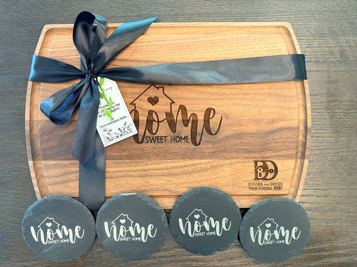 PERSONALIZED CLOSING GIFT SET | LARGE ARCHED CUTTING BOARD & COASTERS