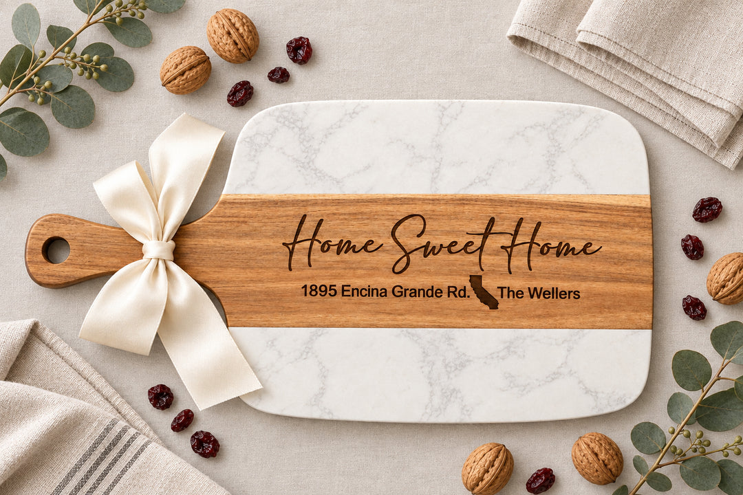 PERSONALIZED GIFT BASKET | SIGNATURE PLUS MARBLE &amp; ACACIA BOARD SET