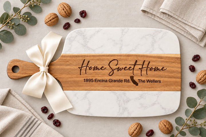 PERSONALIZED GIFT BASKET | SIGNATURE PLUS MARBLE &amp; ACACIA BOARD SET