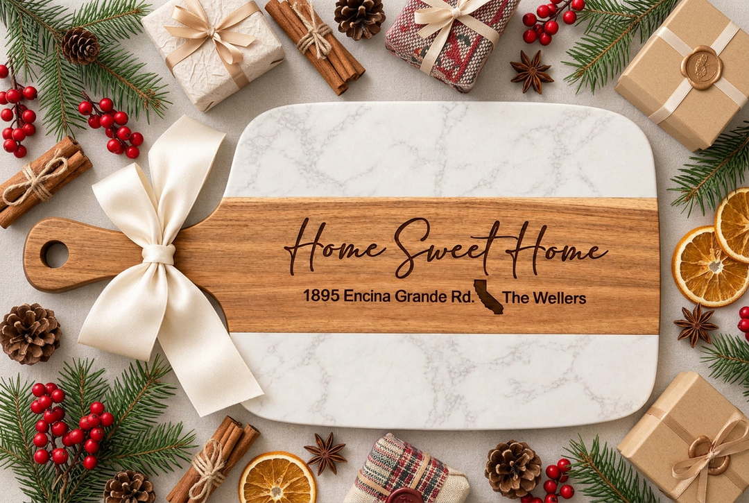 PERSONALIZED GIFT BASKET | SIGNATURE PLUS MARBLE &amp; ACACIA BOARD SET