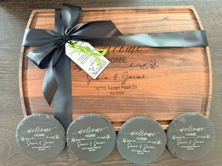 PERSONALIZED CLOSING GIFT SET | LARGE ARCHED CUTTING BOARD & COASTERS