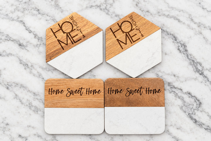 ENGRAVED MARBLE & ACACIA COASTERS | SET OF 4 | CLOSING & HOUSEWARMING GIFT