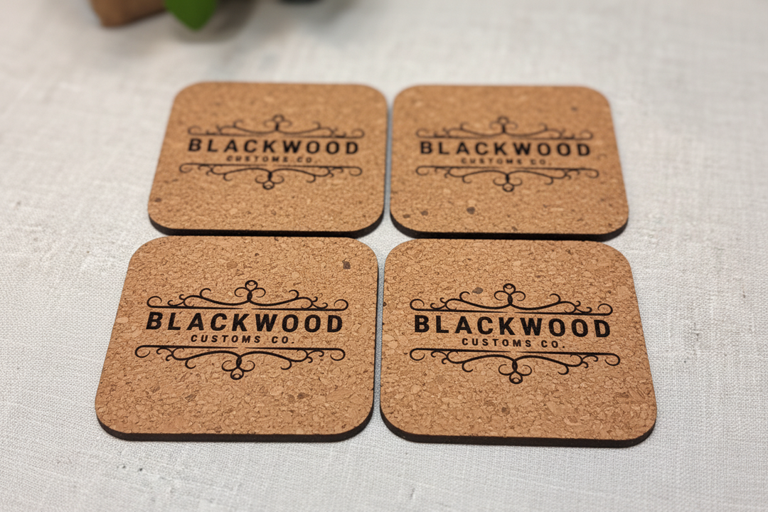 Close-up of personalized cork coaster showing engraved company logo
