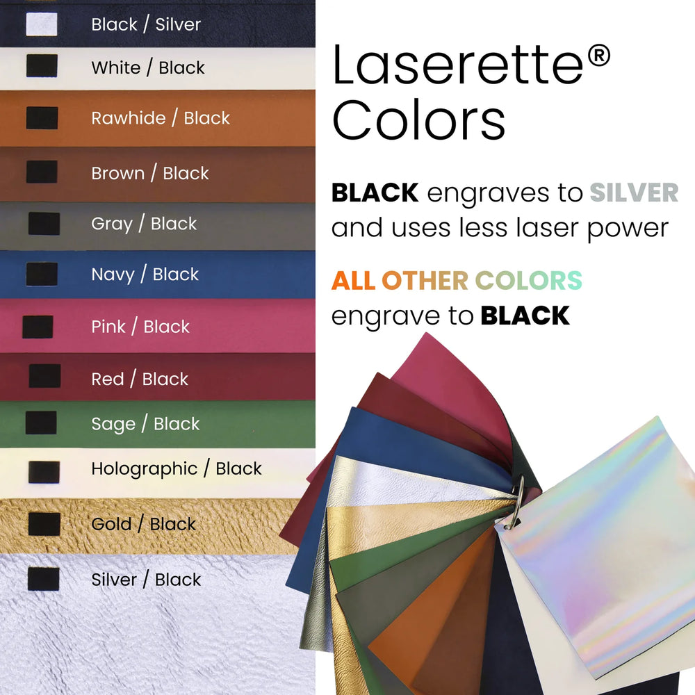 Leatherette color chart showing engraving results black or silver for personalized journals with multiple color options and laser engraving details