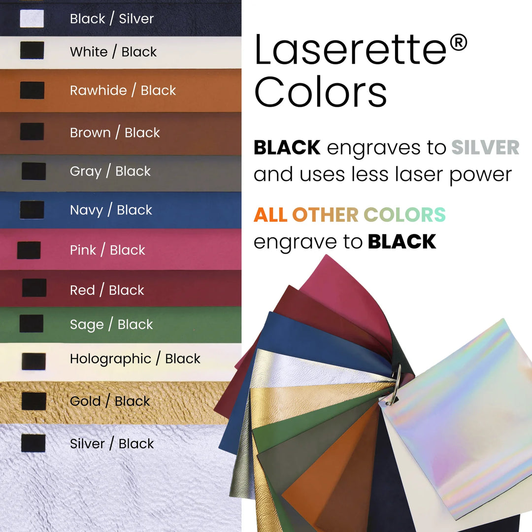 Leatherette color chart showing engraving results black or silver for personalized journals with multiple color options and laser engraving details