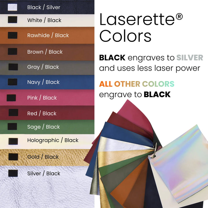 Leatherette color chart showing engraving results black or silver for personalized journals with multiple color options and laser engraving details
