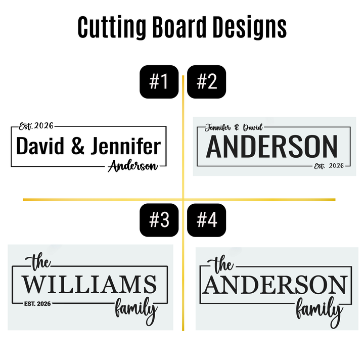 Four personalized wood cutting board designs with engraved family names and custom text on white background