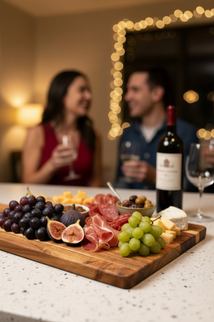 Acacia paddle charcuterie board with grapes, cheese, and wine, serving board for entertaining and housewarming gifts