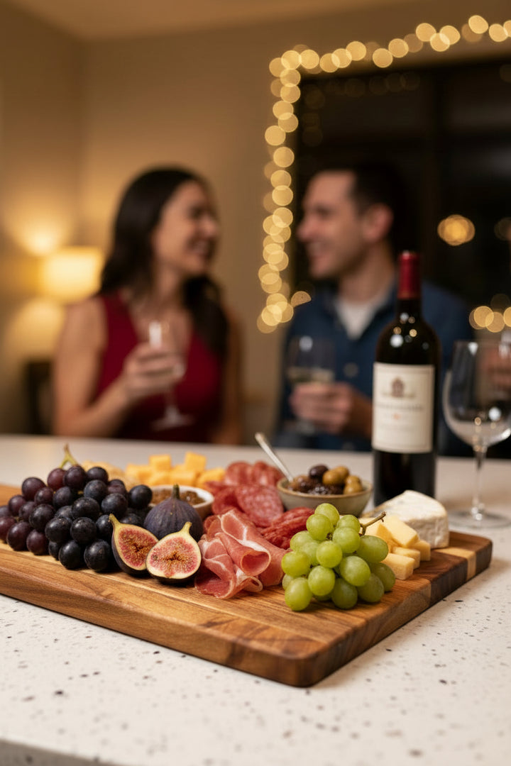 Acacia paddle charcuterie board with grapes, cheese, and wine, serving board for entertaining and housewarming gifts