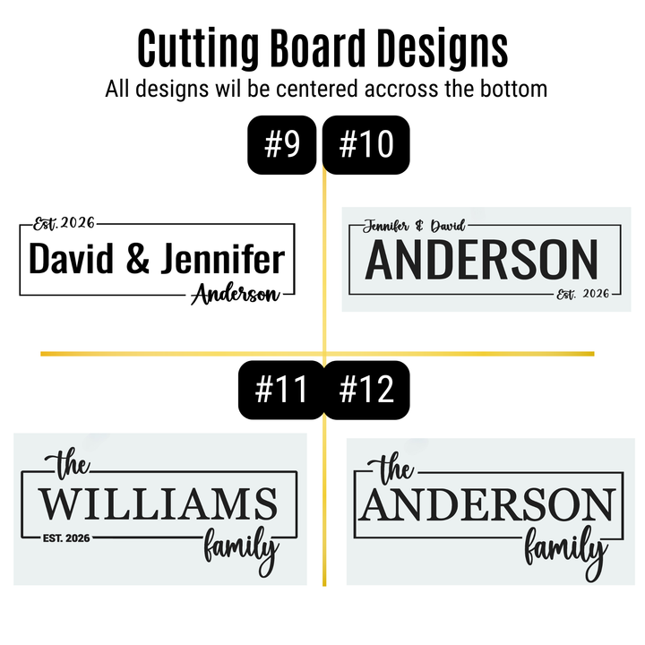 Acacia paddle cutting board engraving design options #9 #10 #11 #12 with family name and established year personalization for housewarming and realtor closing gifts