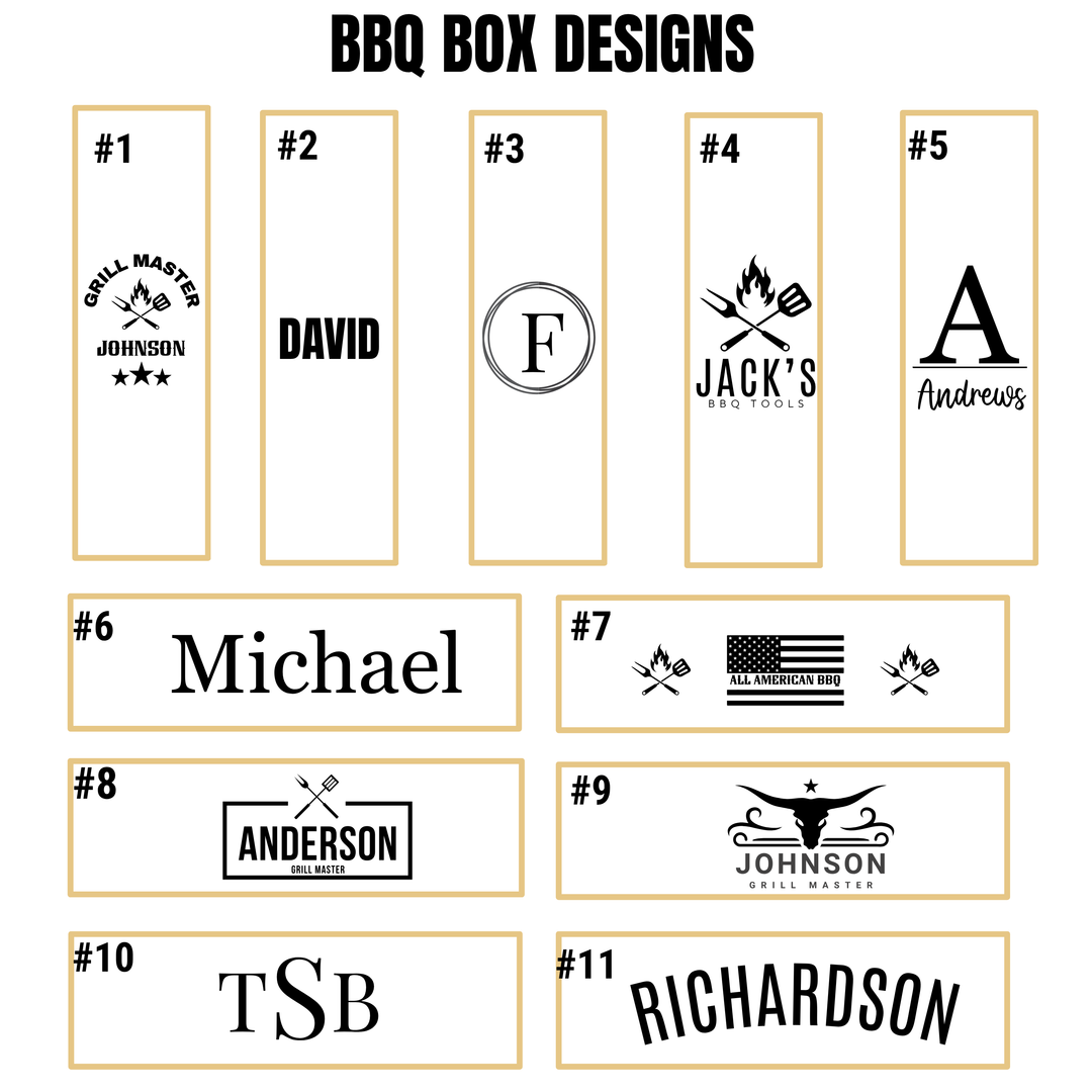 Personalized BBQ tool set engraving design options with custom names monograms and grill master logo styles for bamboo grill box gifts